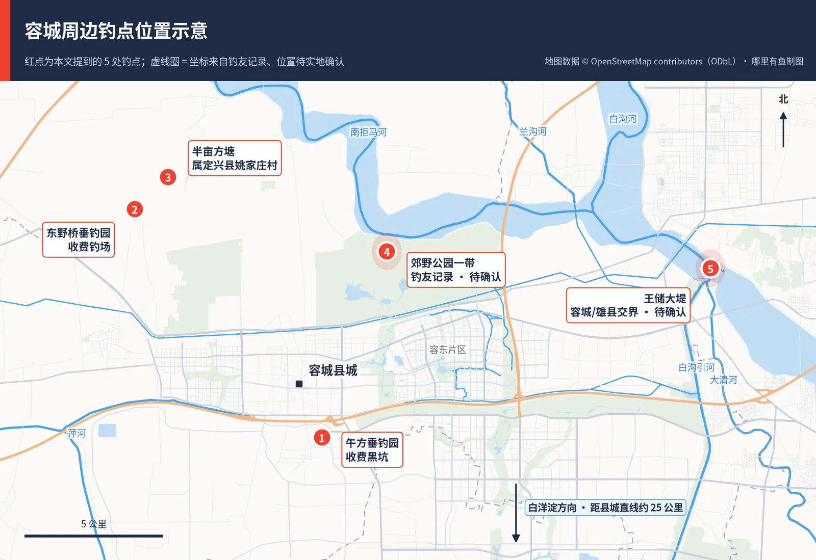 容城周边钓点位置示意图，标出午方垂钓园、东野桥垂钓园、半亩方塘、郊野公园一带和王储大堤 5 处钓点及南拒马河、白沟引河等河流