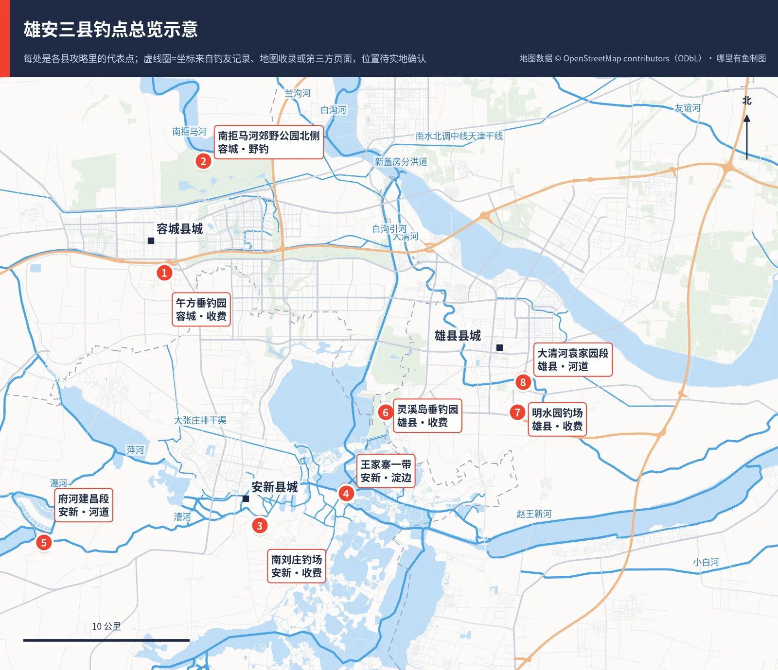 雄安三县钓点总览地图：容城午方垂钓园和南拒马河郊野公园北侧，雄县灵溪岛、明水园和大清河袁家园段，安新南刘庄、王家寨和府河建昌段共 8 处代表点